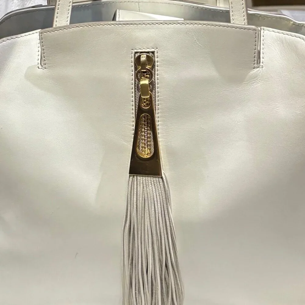 Brian Atwood White Leather Shoulder Bag Tote with Tassel